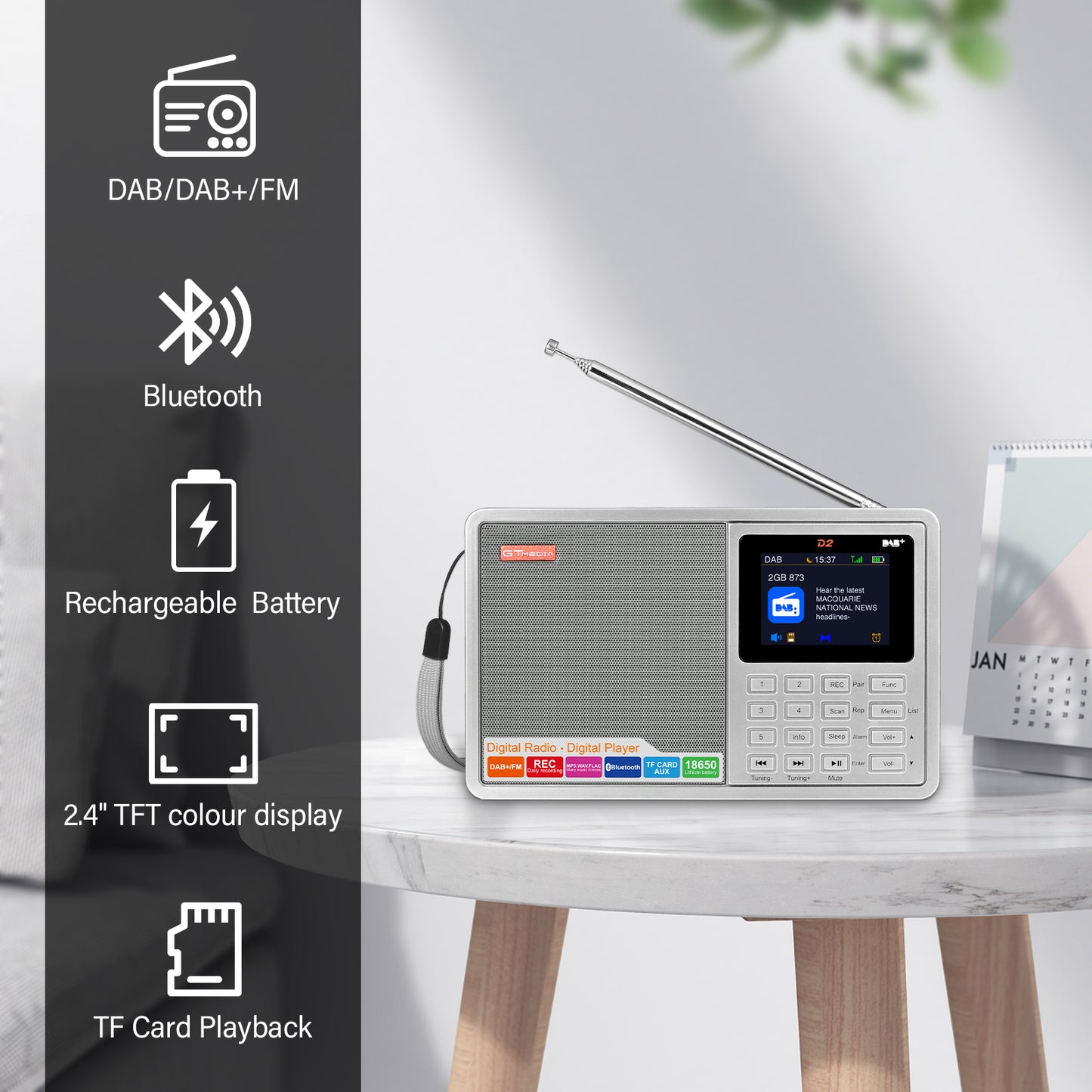 GTMEDIA D2 Potable Digital Radio DAB+ FM With Bluetooth with TFT Color Display